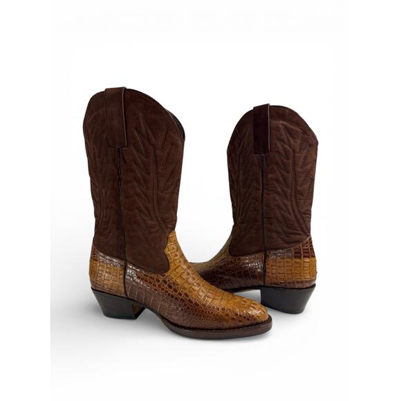 Men’s Custom Made Western Cowboy Boots Croc Embossed Leather Brown US 9.5 New - Picture 2 of 13